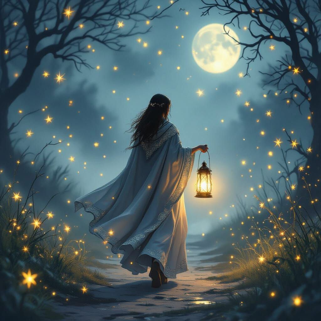 Ethereal Lantern Walk Under Starlit Sky