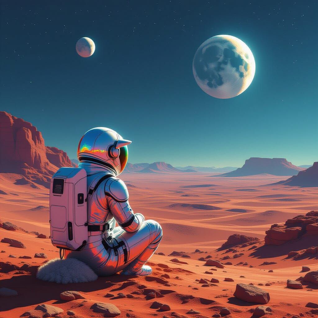 Sheep in Spacesuit Gazes at Alien Desert Under Two Moons