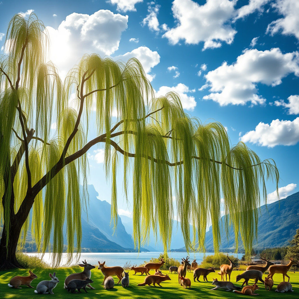 Vibrant Weeping Willow and Wildlife in Natural Landscape