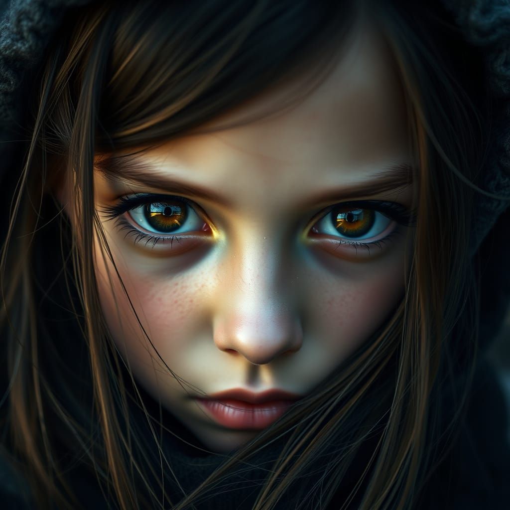 Hyperrealistic Portrait of a Girl with Golden Eyes