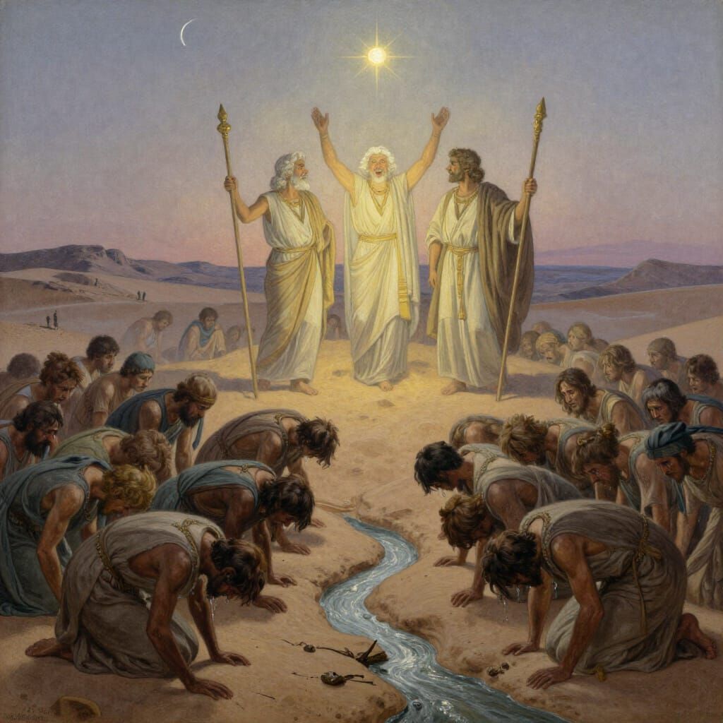 Biblical Desert Scene with Mourning Multitude and Radiant Le...