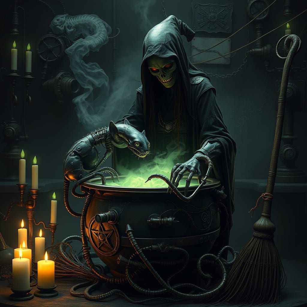 Biomechanical Witch Brews Dark Potions in Industrial Laborat...