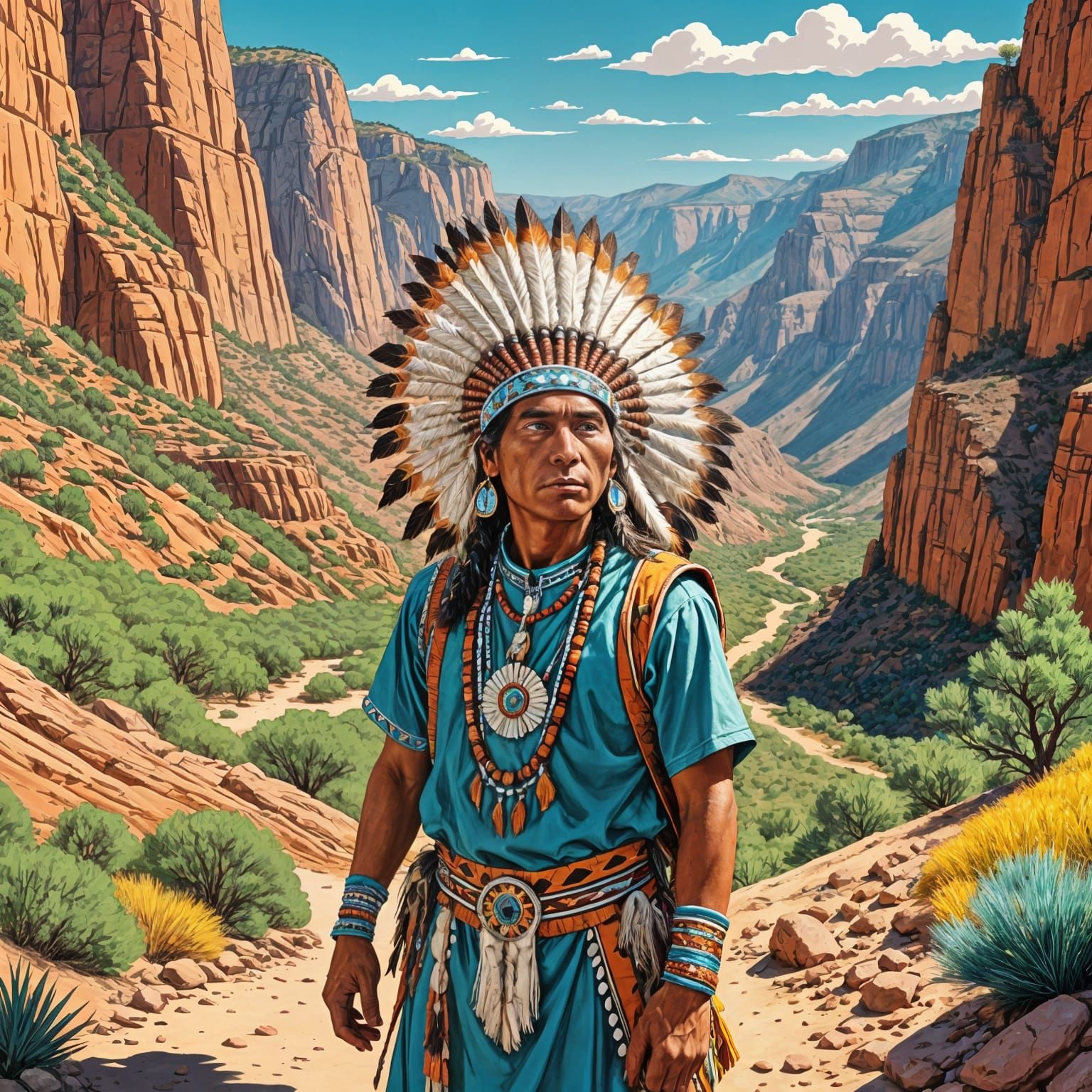 Native American in Copper Canyons of Chihuahua in Vibrant Co...