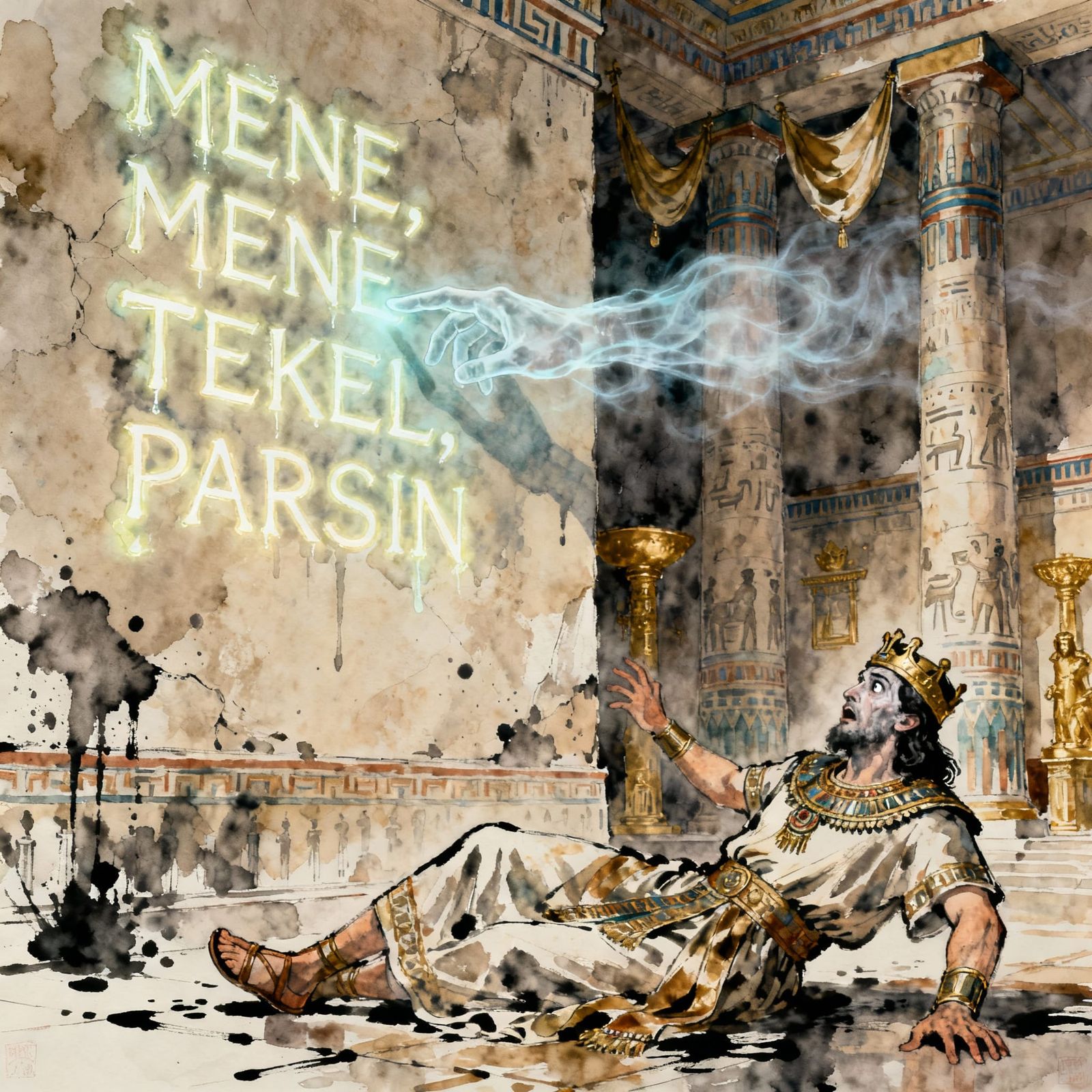 Biblical Scene: Ghostly Hand Writes Judgment on Palace Wall