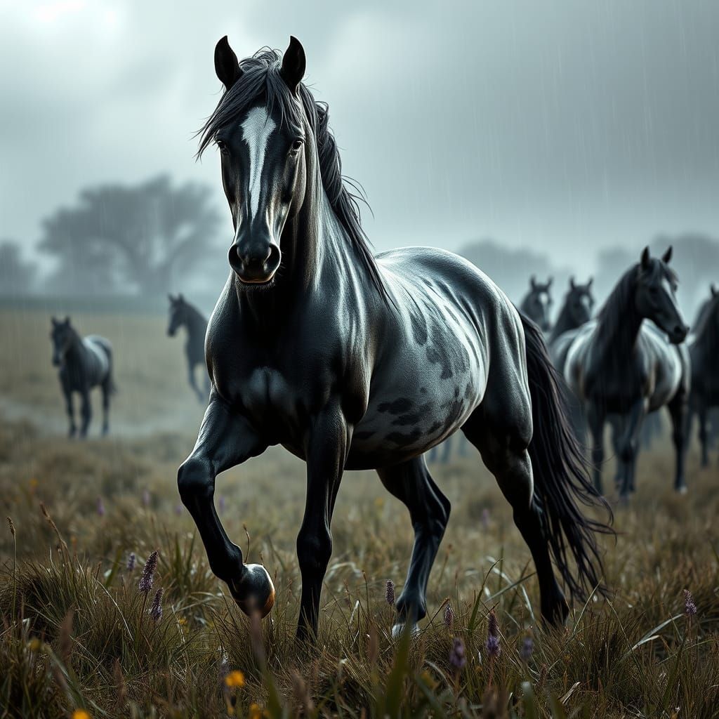 Majestic Wild Horse in Rainy Field, Dark Fantasy Style