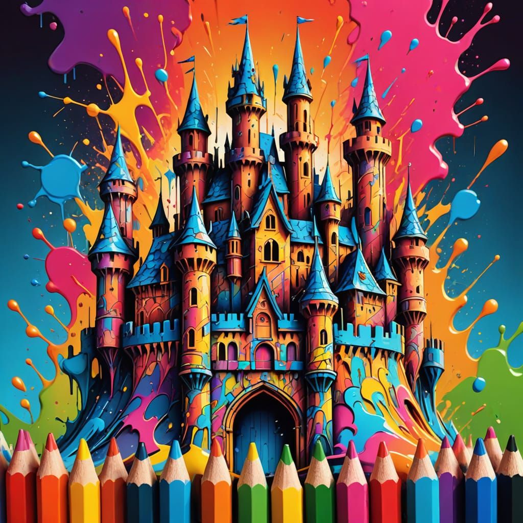 Graffiti Castle Made of Pencils, Abstract Splatter Art