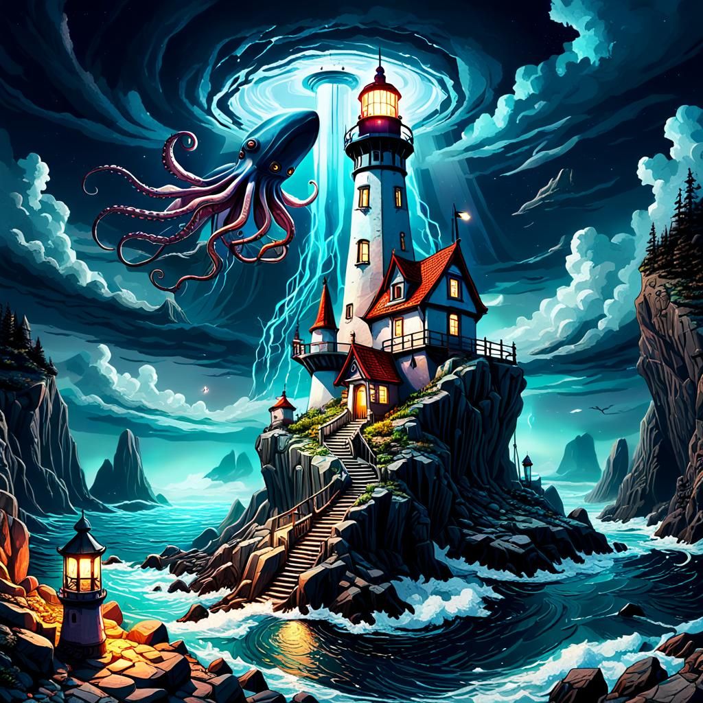 Giant Squid and Lighthouse Fantasy Art