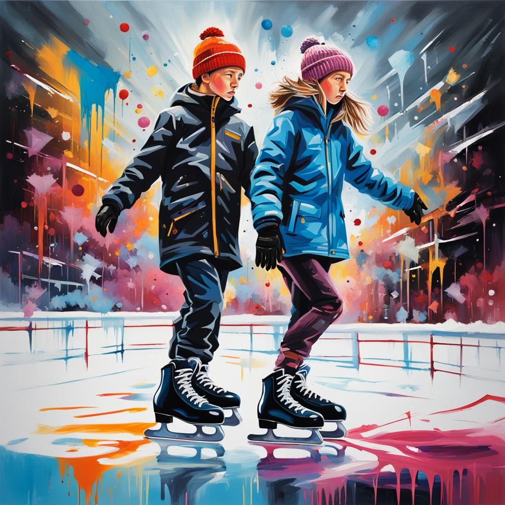 Dynamic Figure Skating Scene in Graffiti Art Style