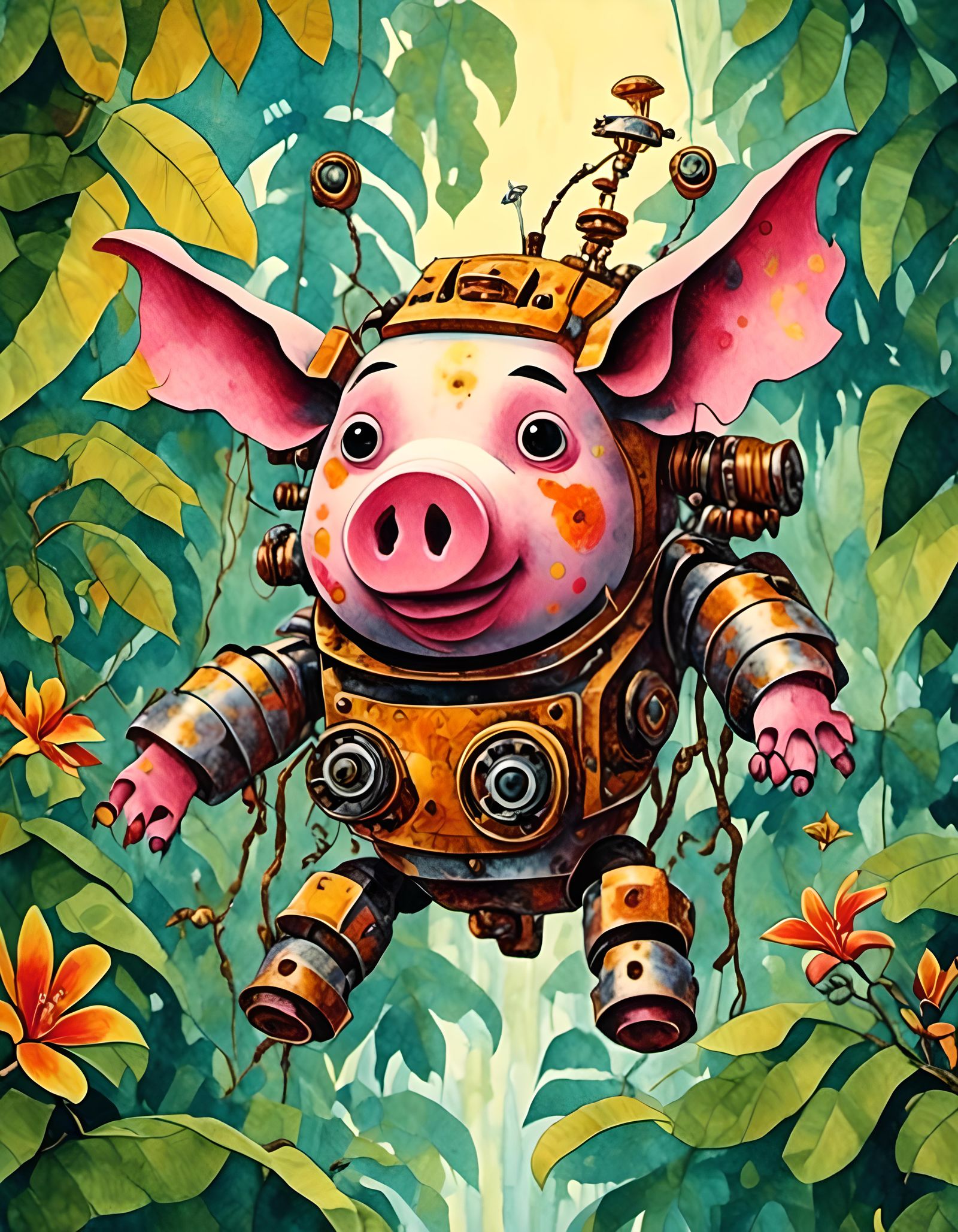 Steampunk Robot Pig Flies From Jungle in Watercolor