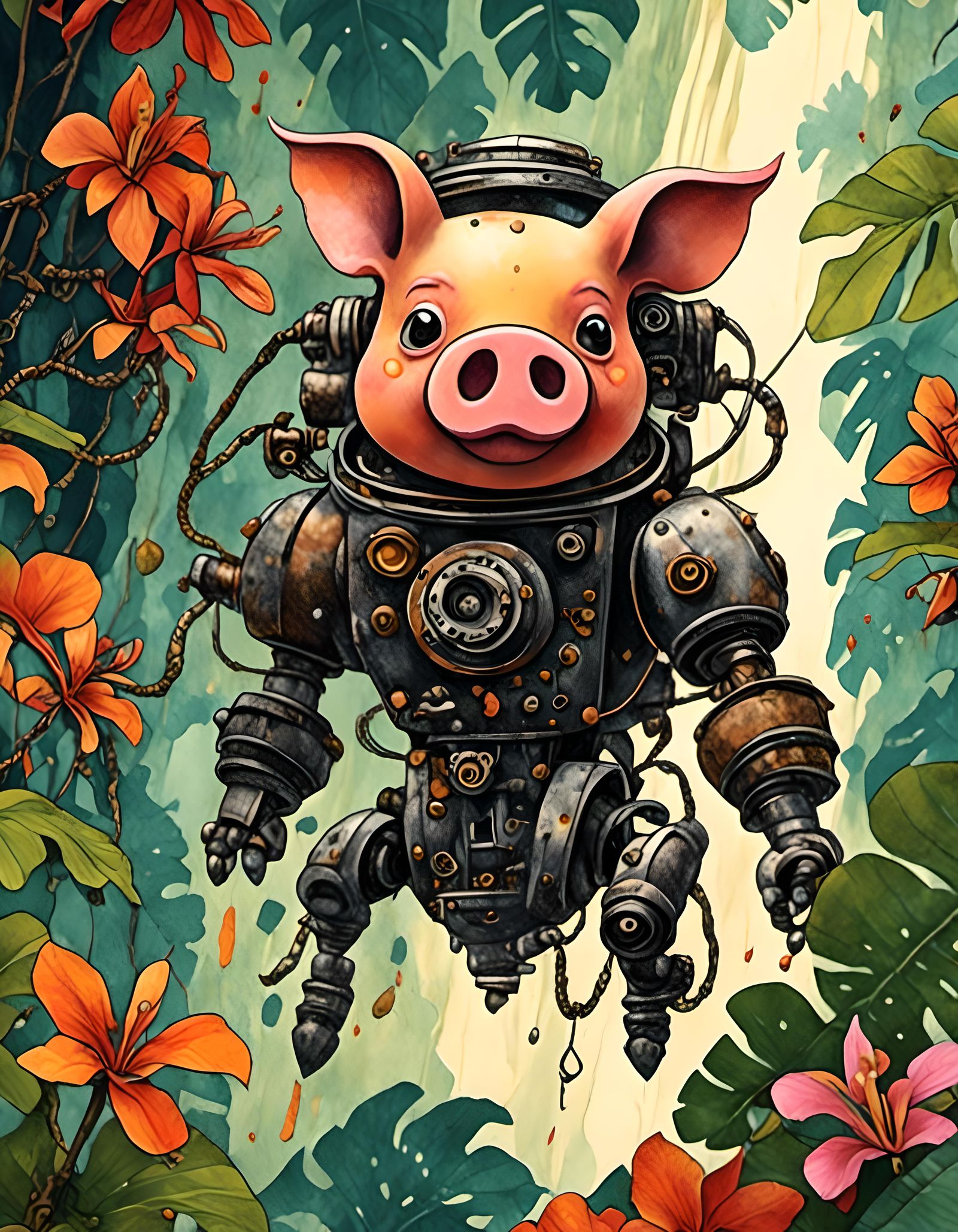 Steampunk Robot Pig Flies Through Jungle in Batik