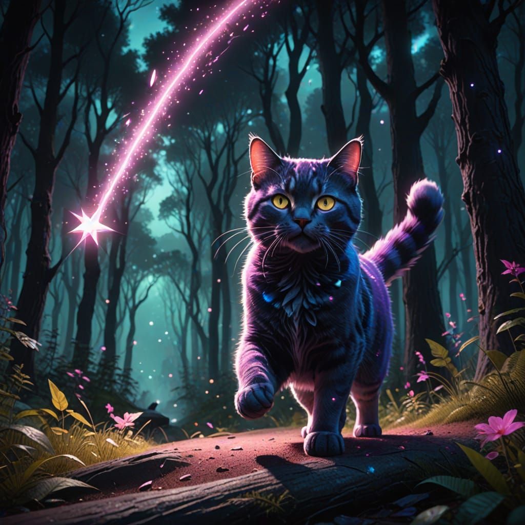 Whimsical Cat Chasing Pink Star in Magical Forest