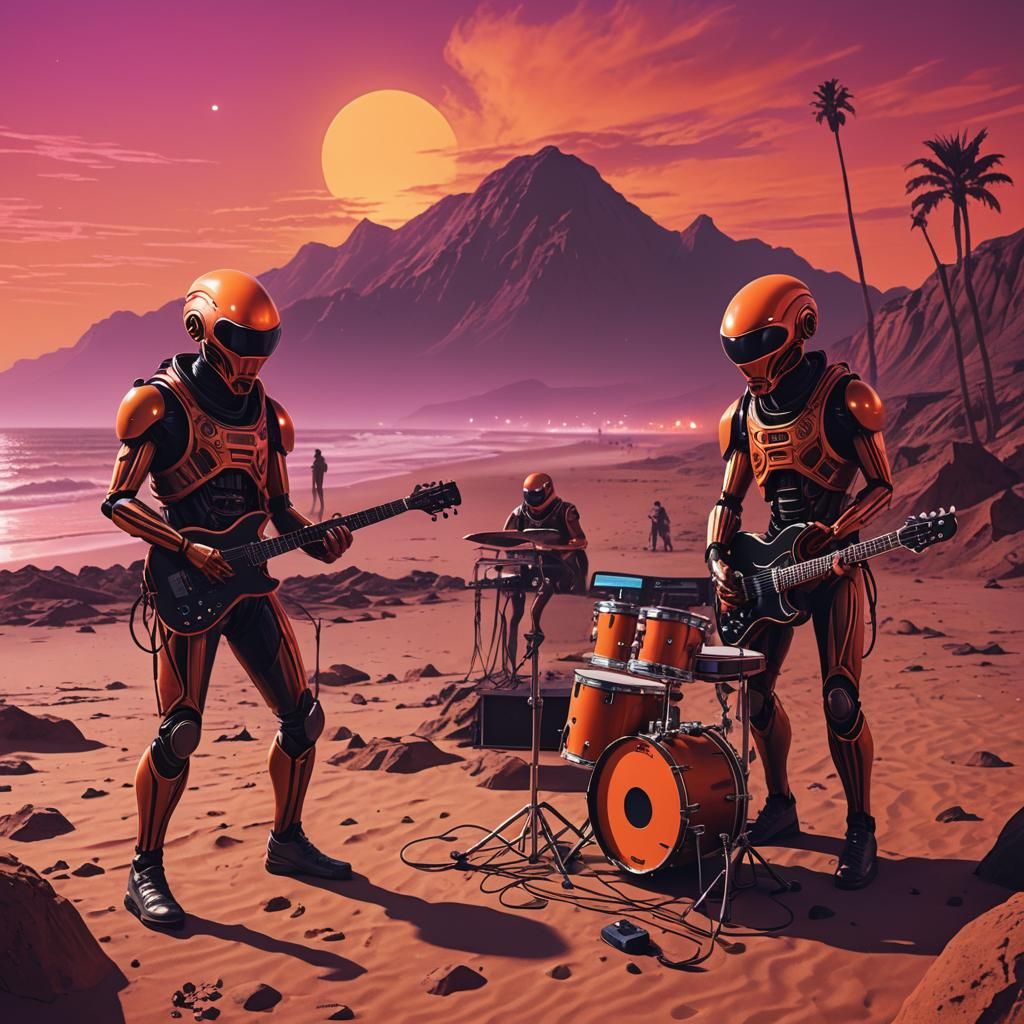 Alien Techno Band Performs on Mars in Synthwave Style