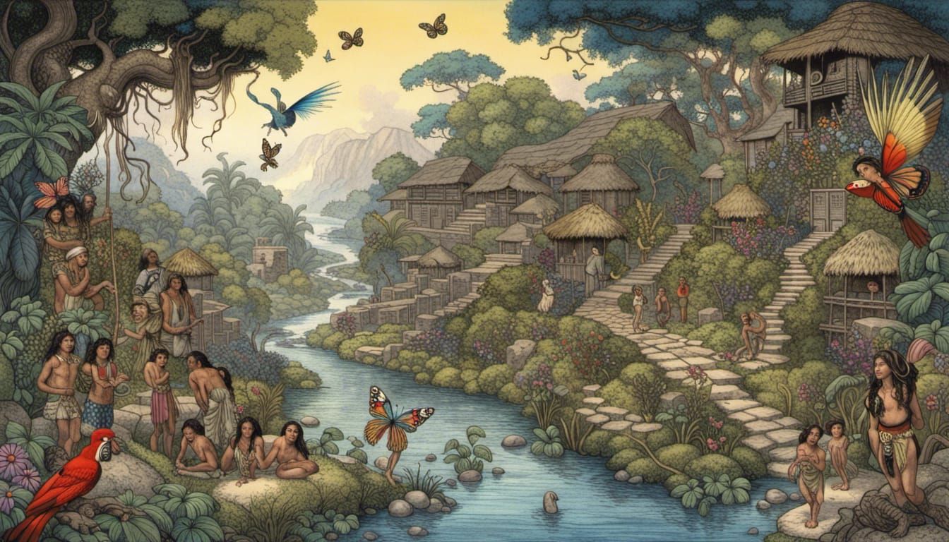 Lush Jungle Village in Arthur Rackham Style