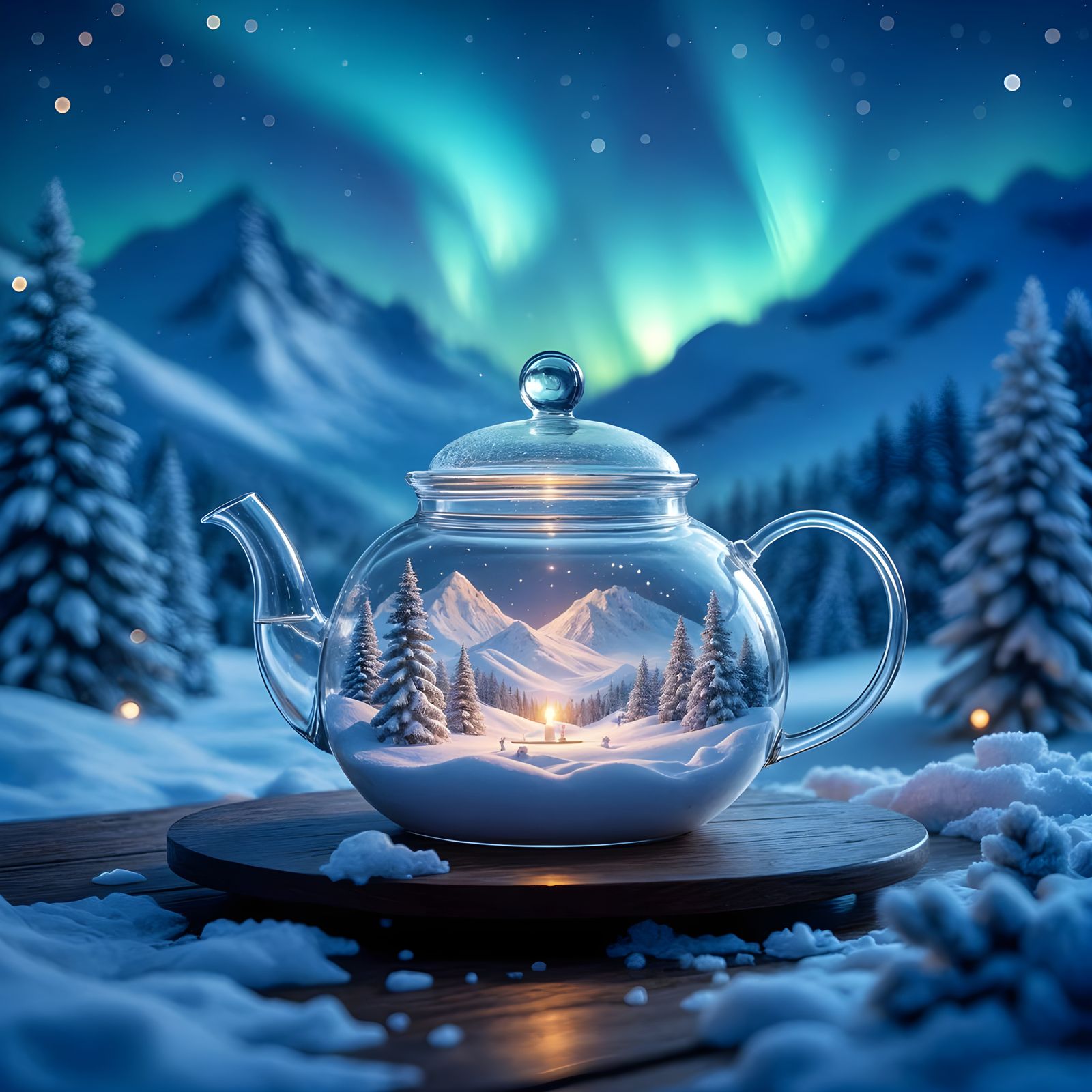 Surreal Winter Teapot with Aurora Borealis