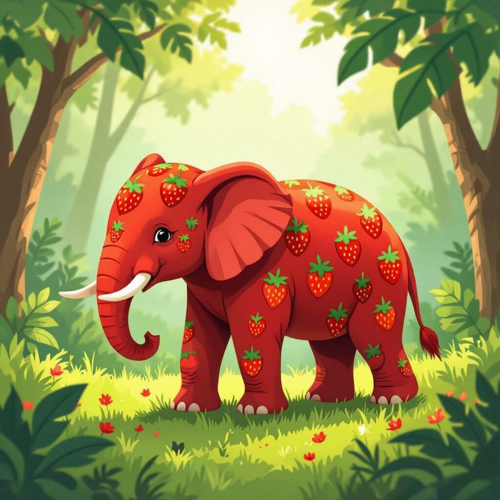 Whimsical Red Elephant With Strawberry Pattern in Jungle