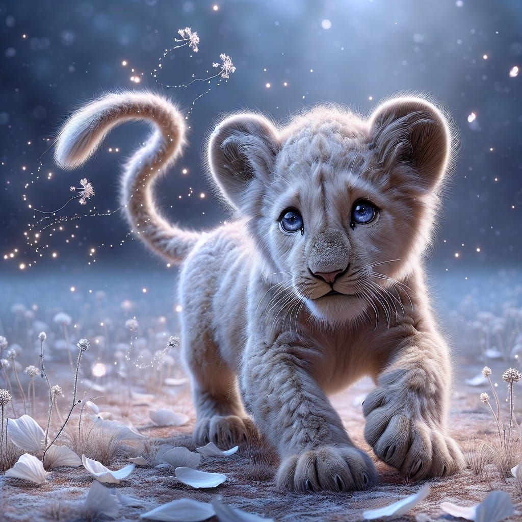 Hyper-Realistic Lion Cub in a Magical Savanna