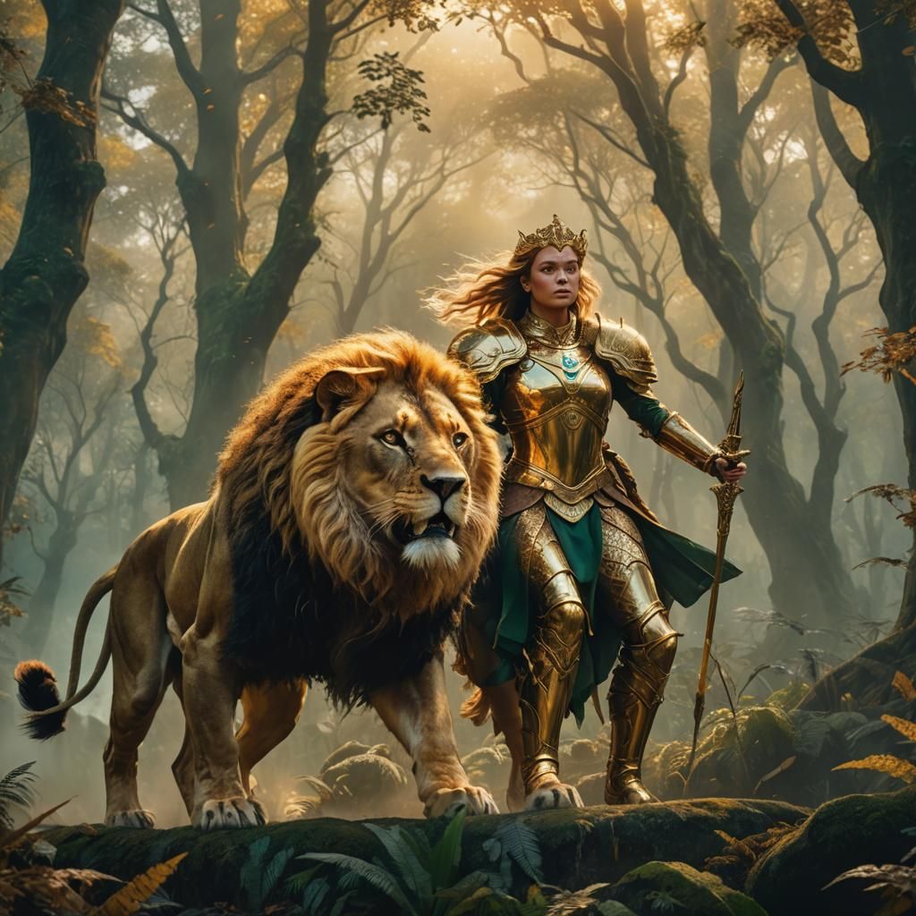Woman Rides Lion Through Misty Forest, Mythic Realism