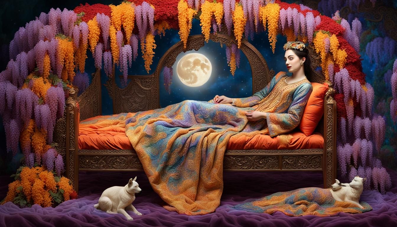 Celestial Woman in Wisteria Bed, Surreal Portrait