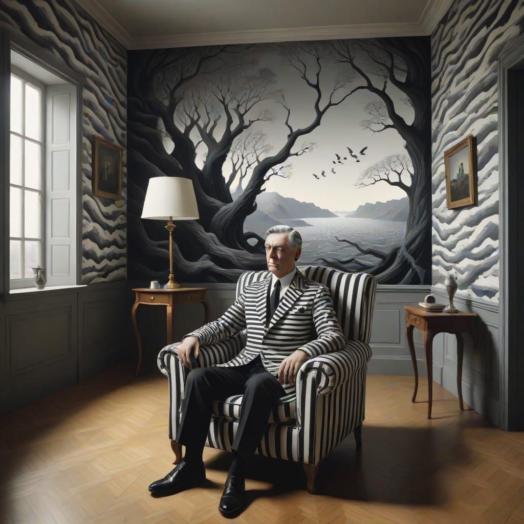 Surrealist Scene in Black and White Stripes