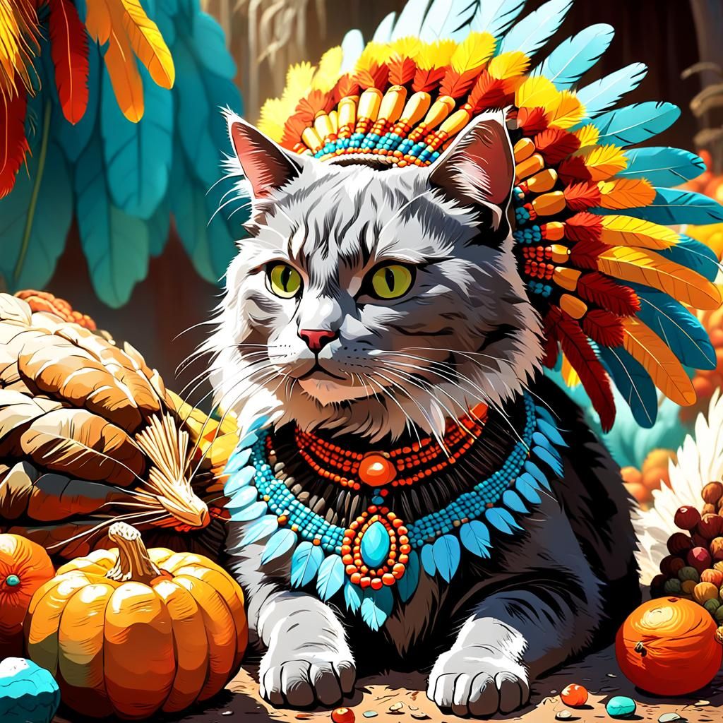 Cat in Headdress with Cornucopia, Digital Painting