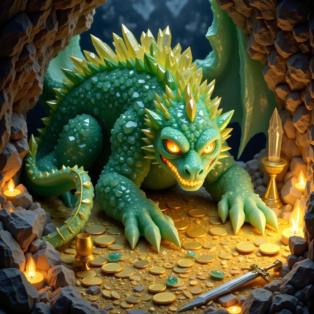 Gemstone Dragon Guarding Treasure in Cave