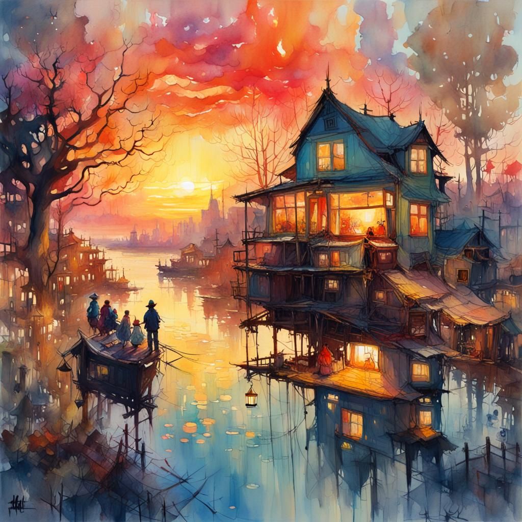 Hyperdetailed Watercolour Sunset in Fantasy Style