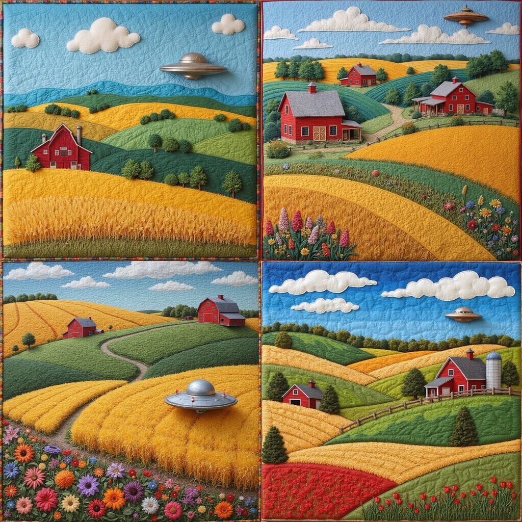 Whimsical Quilted Farmland Scene with Hidden UFO