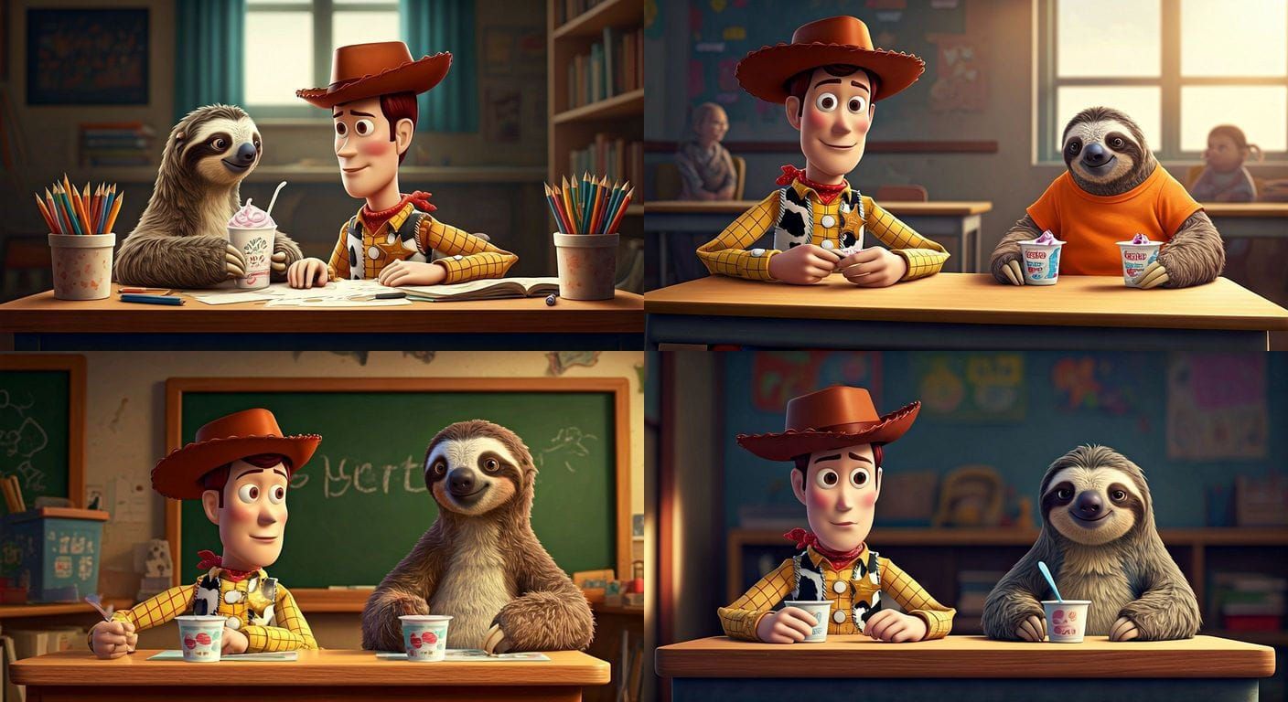 Sheriff Woody and Sid the Sloth Share Yogurt