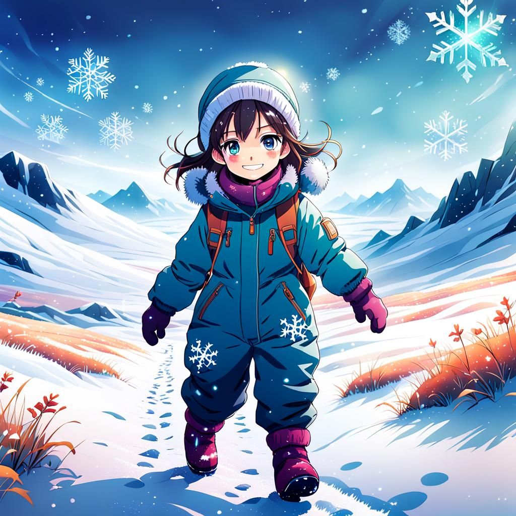 Vibrant Anime Girl in Icy Tundra Landscape
