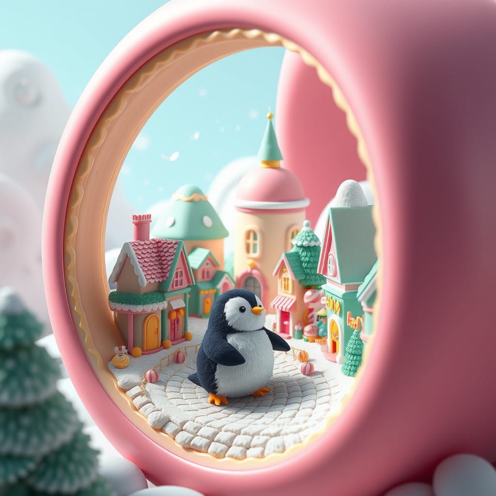 Miniature Candy Village Inside Macaron, 3D Anime Art