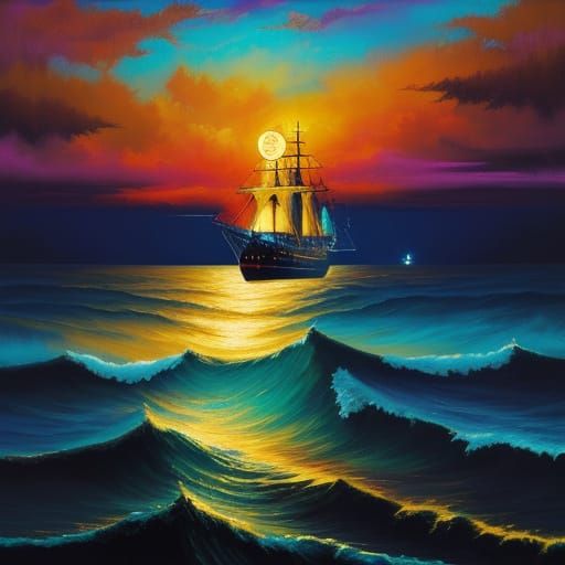 Ship Sails Through Molten Skies: Surrealist Oil Painting