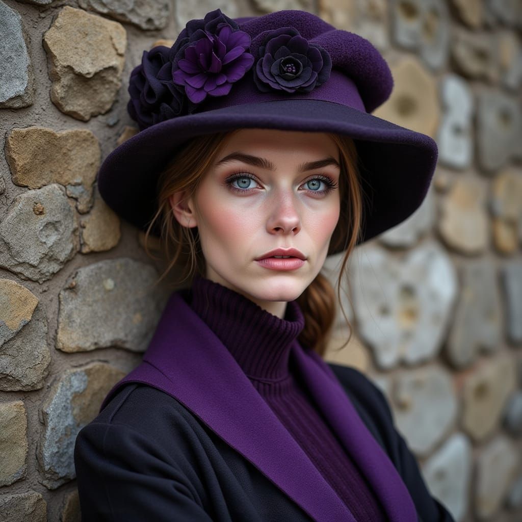 Portrait of a woman in violet and black outfit