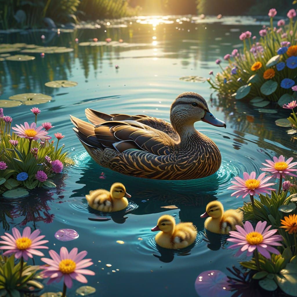 Whimsical Duck Family on a Vibrant Lake