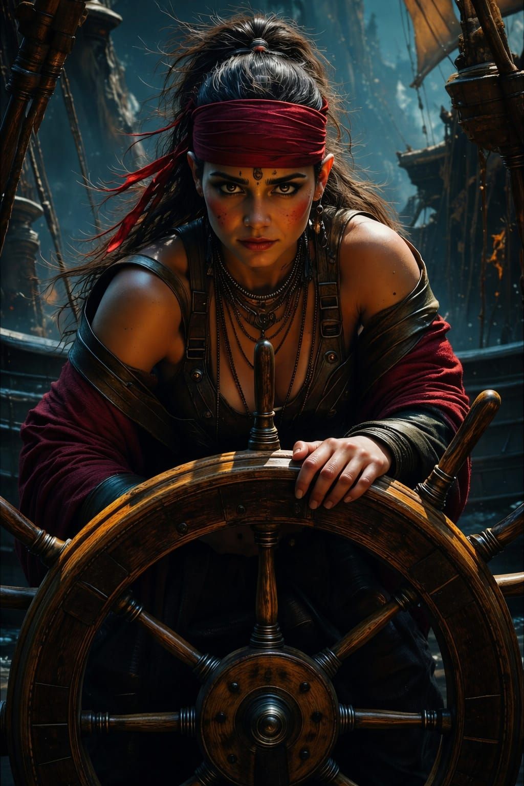 Fierce Pirate Woman at Ship's Wheel