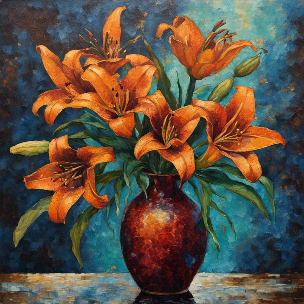 Lily Still Life: Neo-Impressionist Expressionist Oil Paintin...