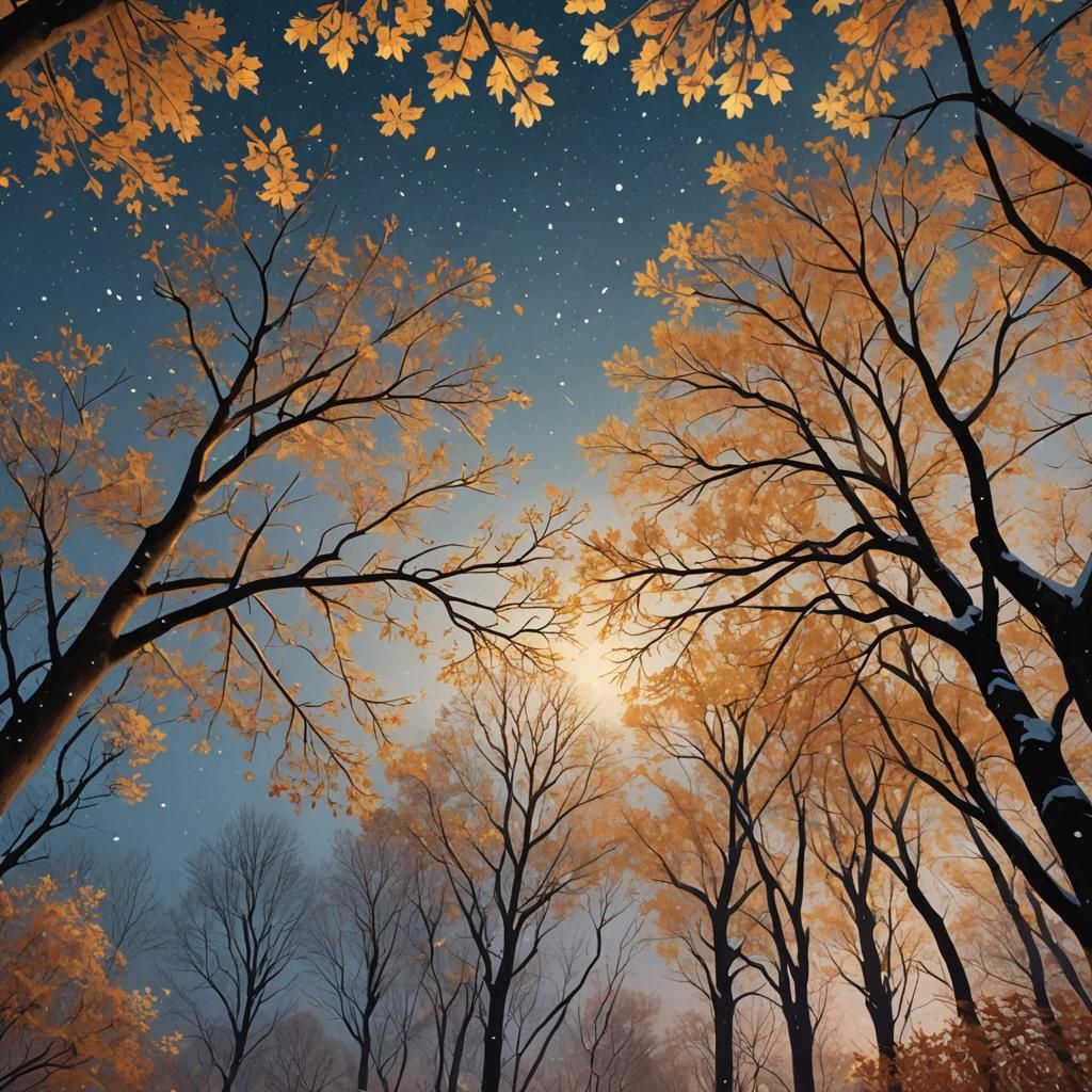 Snowy Autumn Trees Under Starry Sky