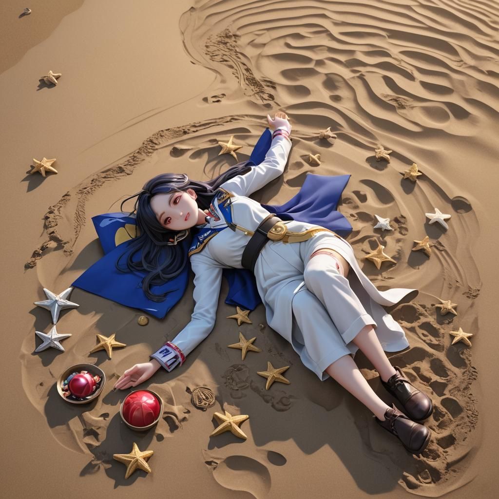 Anime-Inspired Woman on Beach at Twilight