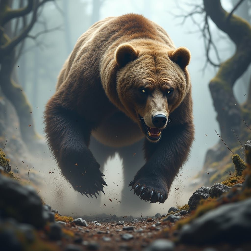 Fierce Grizzly Bear Charges Through Mysterious Forest