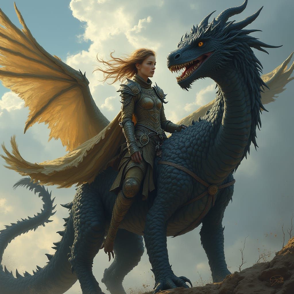 Dragon Rider with Black and Gold Dragons
