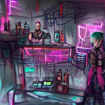 Cyberpunk Bar Interior with Bartender in Sketchy Style