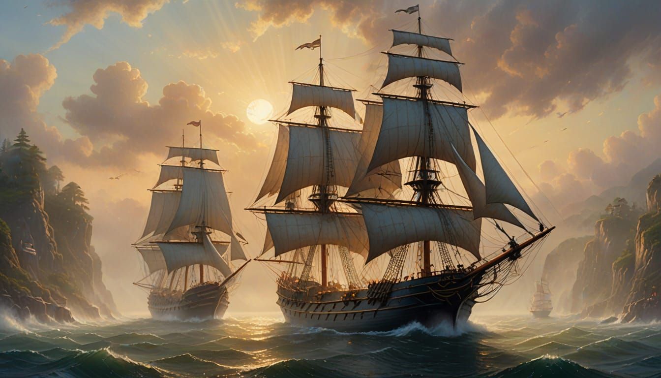 Sailing Ship in Ethereal Misty Landscape