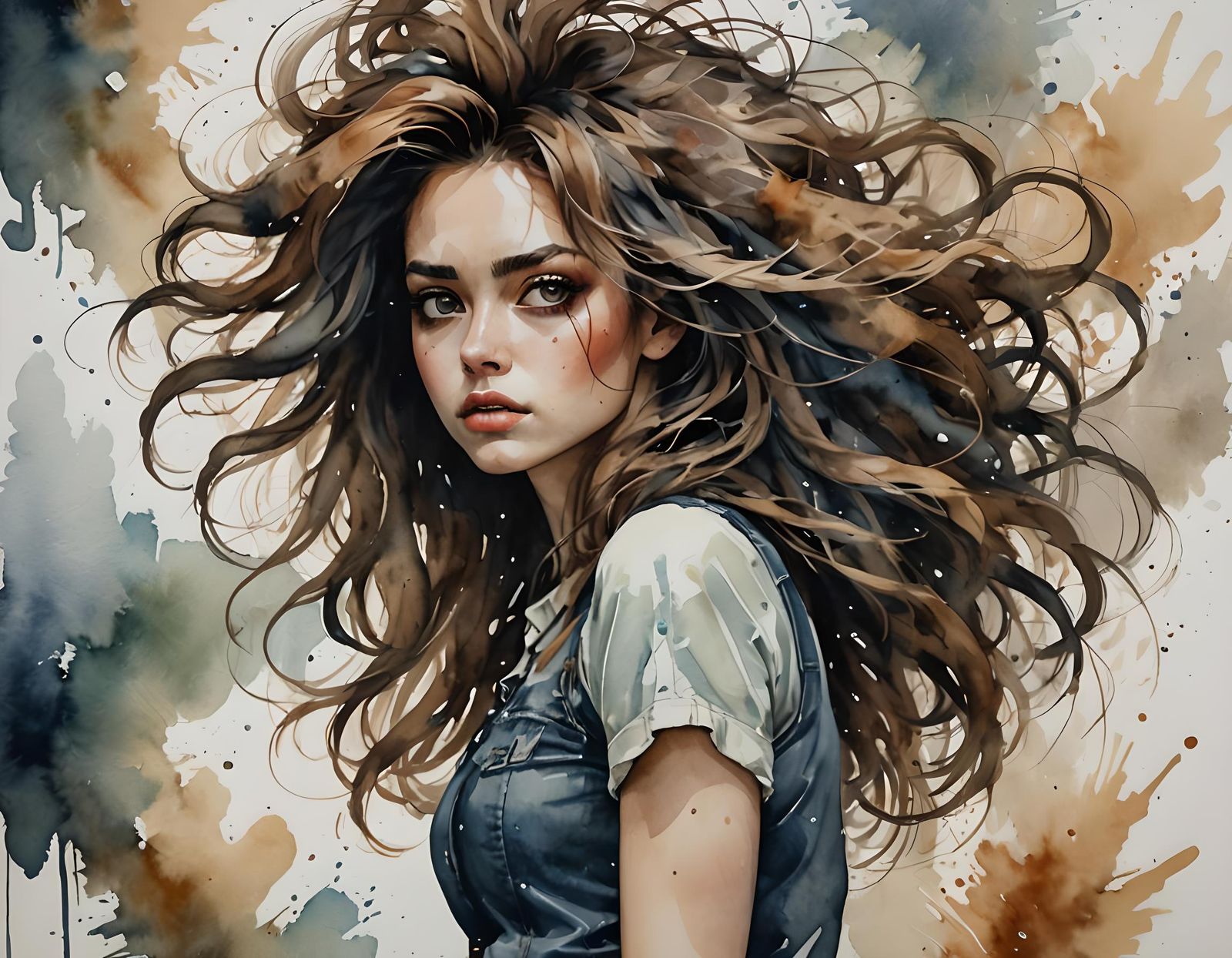 Fantasy Watercolor Portrait of a Girl with Wild Hair