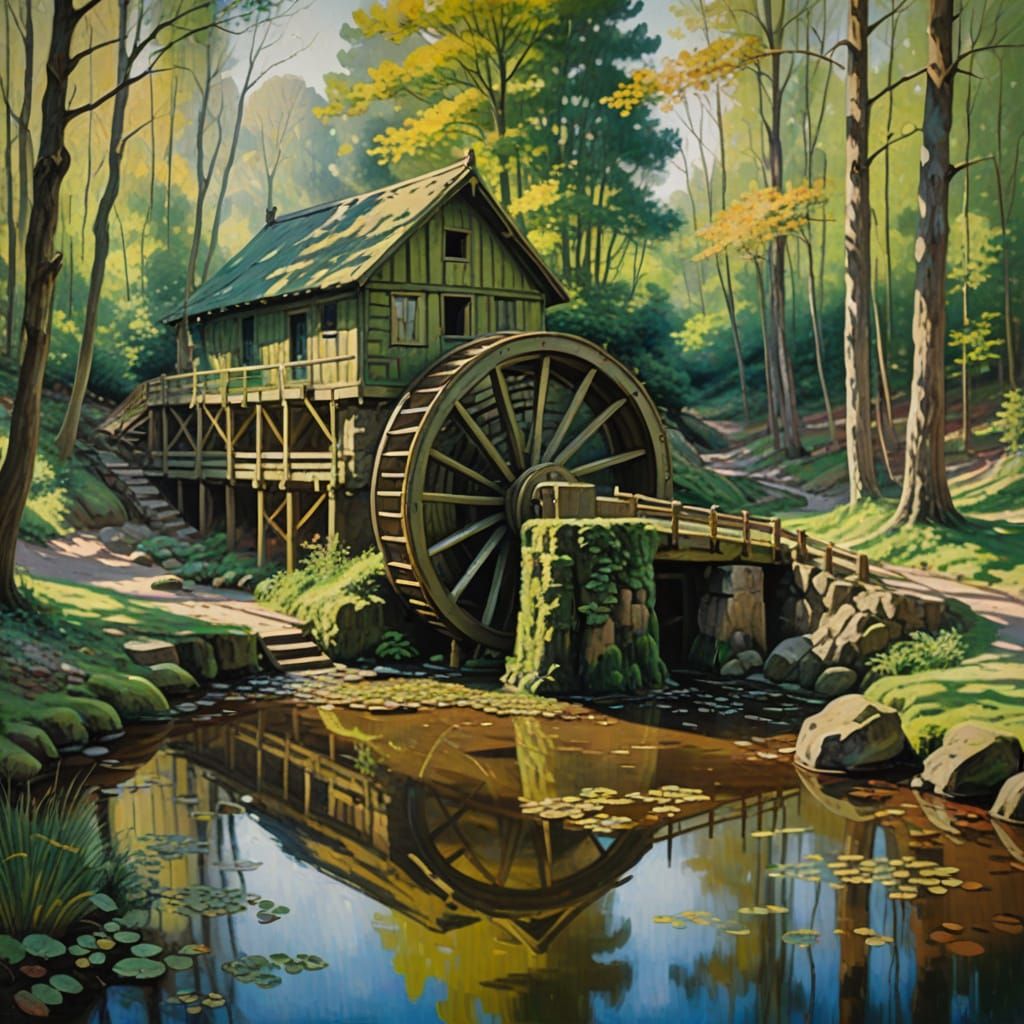 Impressionist Waterwheels in a Serene Forest Clearing