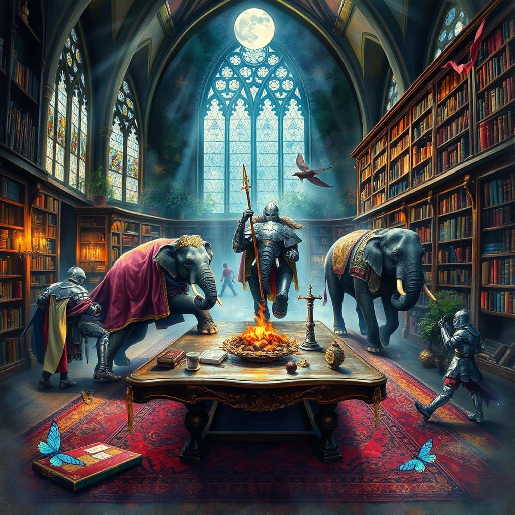 Mystical Library Unfolds with Silver Moonlight