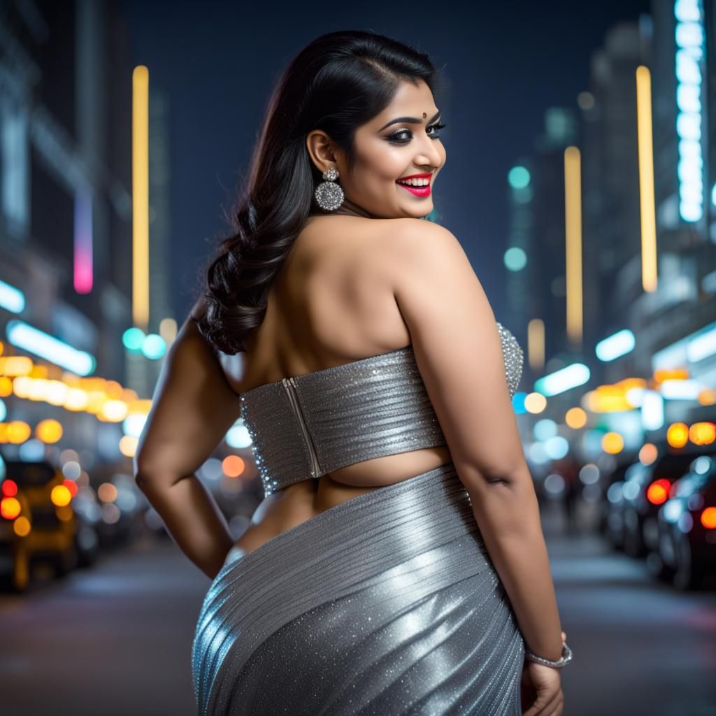 Curvy Woman in Saree in Neon City