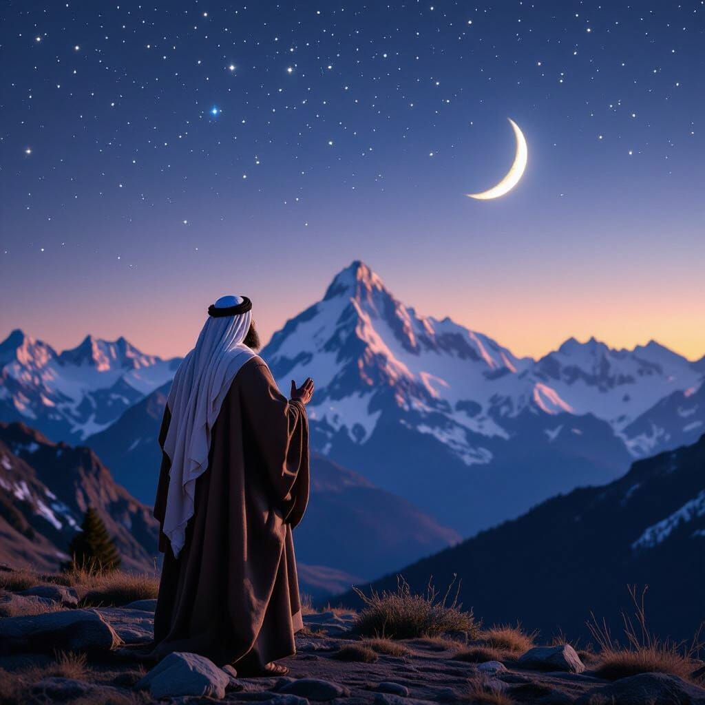 Biblical Figure Gazing at Starry Mountain Landscape
