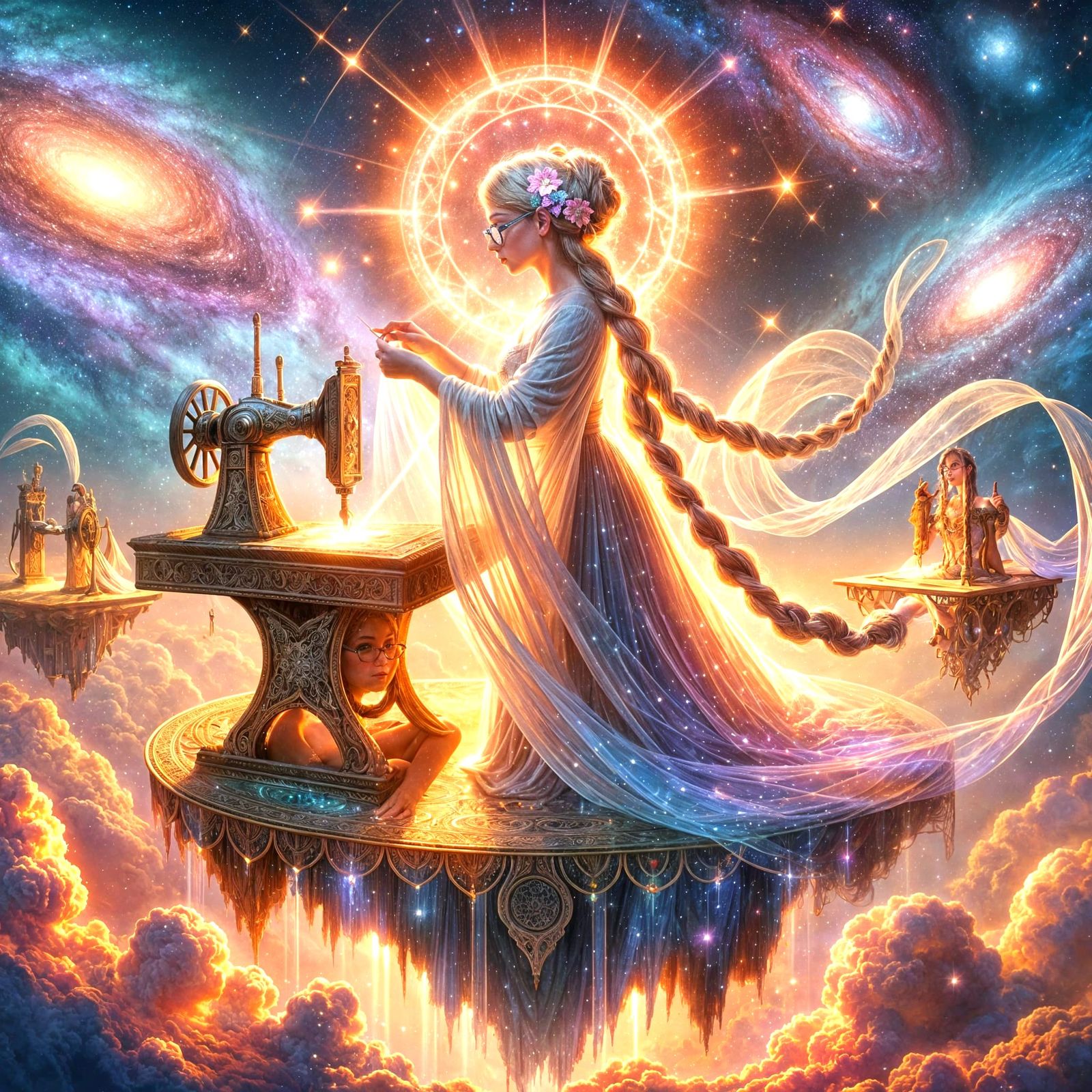 Celestial Seamstress Weaving Starlight Gowns in Art Nouveau