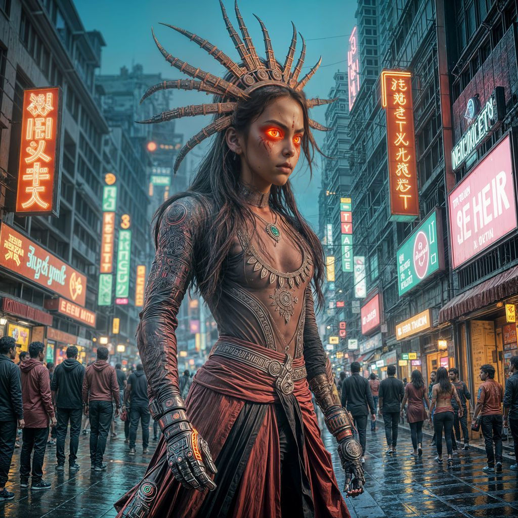 Cyberpunk Kerala Theyyam in Neon Cityscape