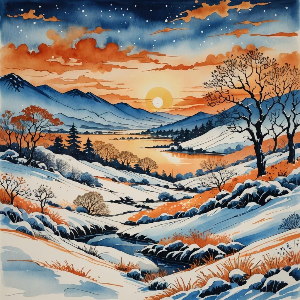 Winter Sunset Landscape in Ink Painting Style