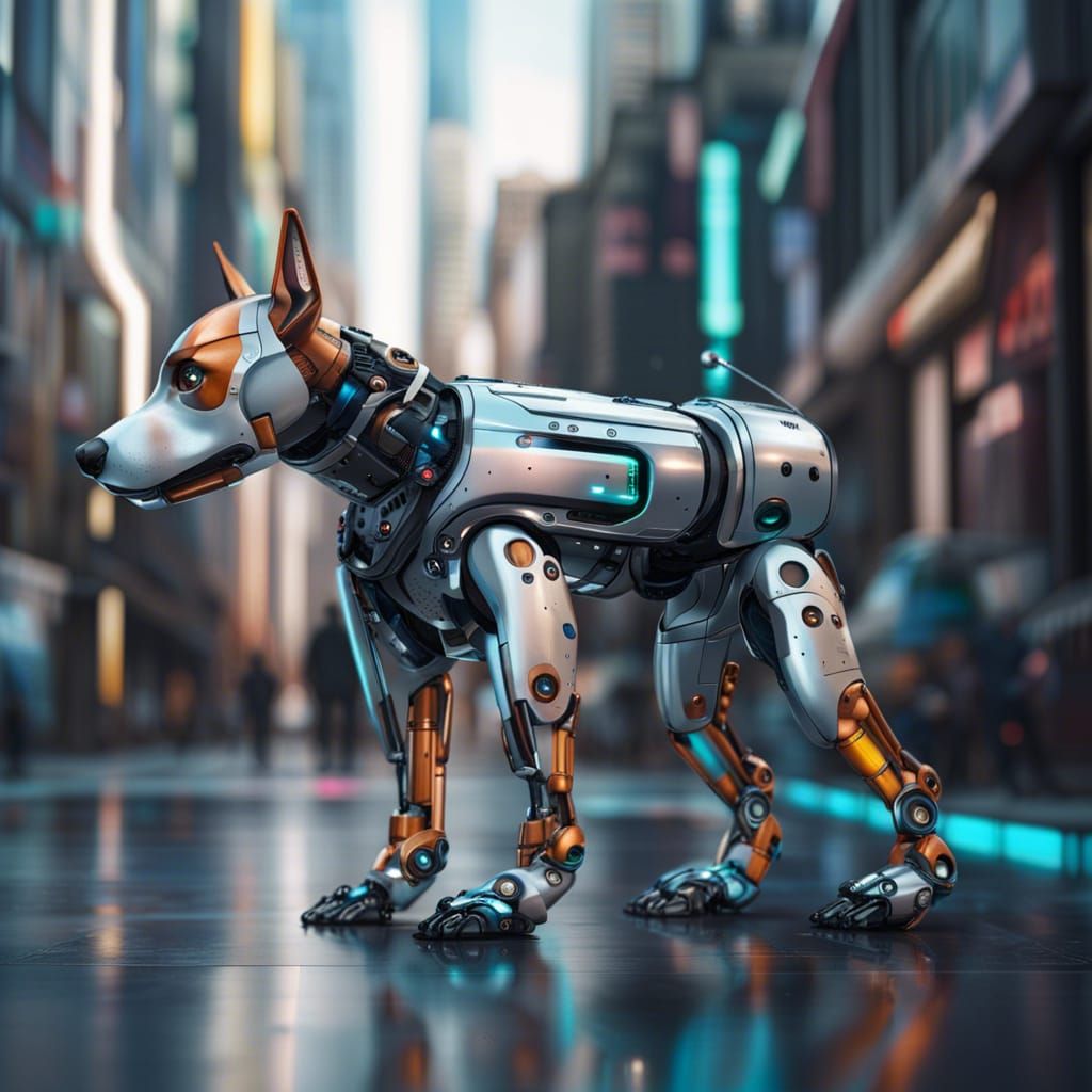 Robotic Dog Walks in Sci-Fi City